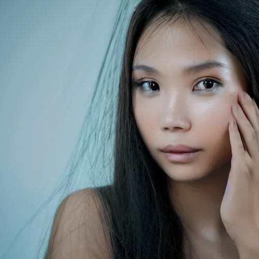 Prompt: beautiful female angel, Philippine, asymmetrical face, ethereal volumetric light, sharp focus