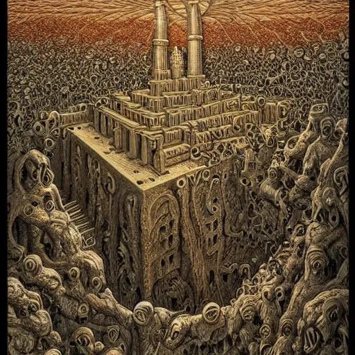 Prompt: the fall of Babylon. Highly Detailed. Masterpiece. By Jeffrey Smith