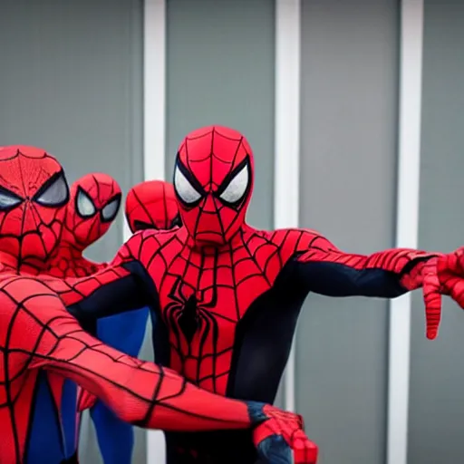 Prompt: a meme picture of 3 spidermans pointing at each other