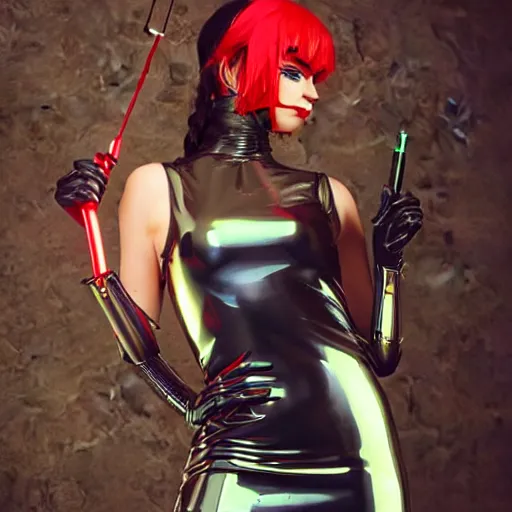 Image similar to CYBERPUNK big bust beautiful Claud Monet proportions girl in metallic color latex dress and red latex gloves holding wonderful electric shock saber