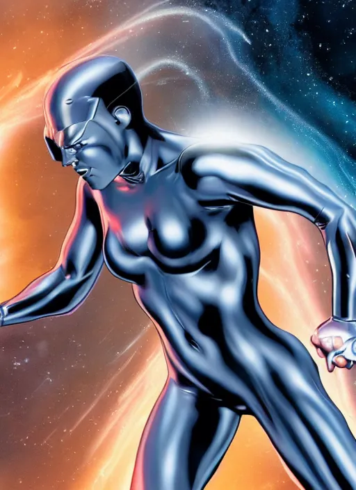 Image similar to A full portrait photo of silver surfer marvel, f/22, 35mm, 2700K, lighting, perfect faces, award winning photography.