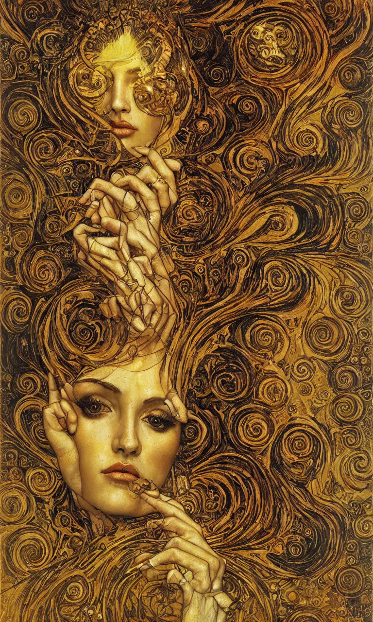 Image similar to Divine Chaos Engine portrait by Karol Bak, Jean Deville, Gustav Klimt, and Vincent Van Gogh, sacred geometry, visionary, mystic, fractal structures, ornate gilded medieval icon, spirals