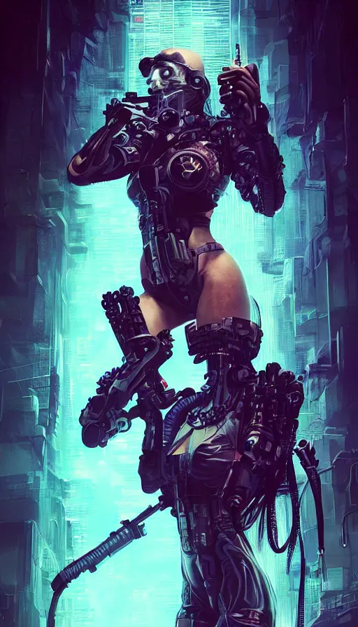 Prompt: I have no mouth and i want to scream, cyberpunk angry gorgeous gunslinger, alterd carbon, William Gibson, neon, fibonacci, sweat drops, insane, intricate, highly detailed, digital painting, artstation, concept art, smooth, sharp focus, illustration, Unreal Engine 5, 8K, art by artgerm and greg rutkowski and alphonse mucha