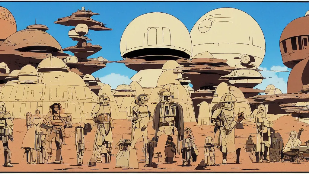 Image similar to wide shot tatooine landscape Star Wars a new hope 1977 studio ghibli Miyazaki animation highly detailed 70mm