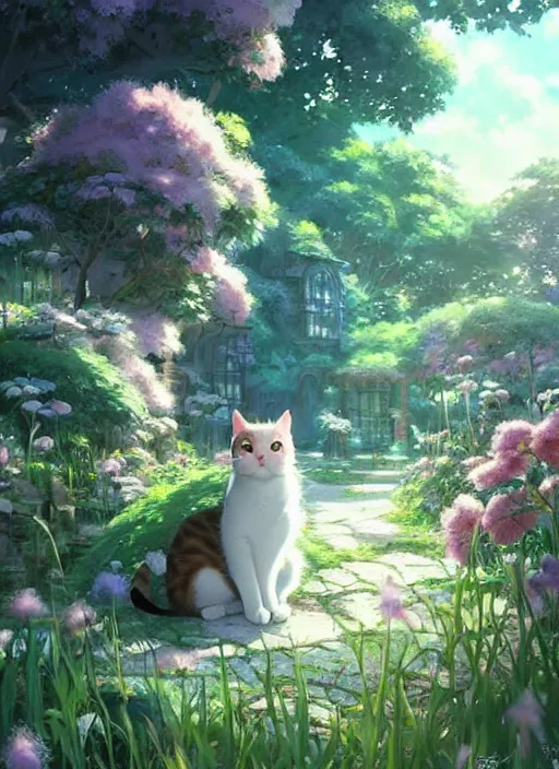 Image similar to portrait of a cute cat in an enchanted garden, digital illustration, by makoto shinkai and ruan jia and studio ghibli