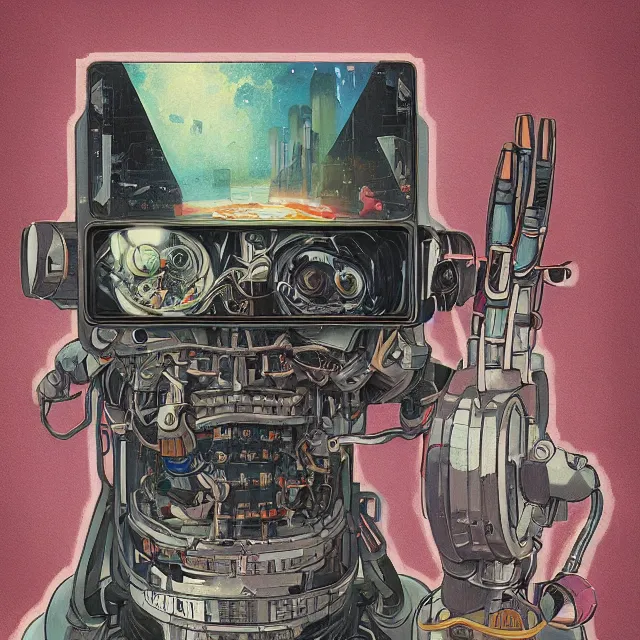 Prompt: robot artist painting a self - portrait on a canvas. intricate, highly detailed, digital matte painting, in the style of alexandros pyromallis, and in the style of sachin teng, and in the style of hans thoma, and in the style of masamune shirow. irony, recursion, inspiration.