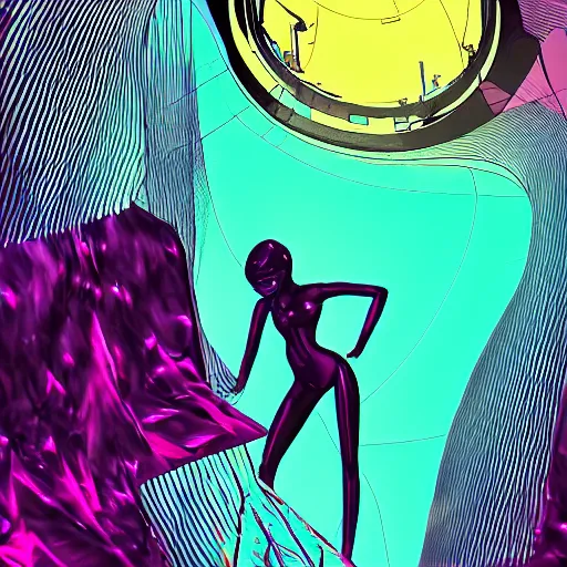 Image similar to A wide angle shot from below of a feminine body walking with swagger towards camera on mars in an infinite universe , synthwave digital art