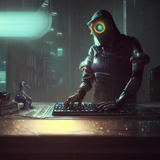 Image similar to sci fi cyberpunk fantasy art prompt magician studying casting spells with keyboard, by greg rutkowski ultrahd dark volumetric lighting hyper detailed unreal engine octane render