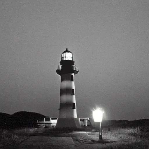 Image similar to 1985 photo of an alien lighthouse at night, surrounded by mosquitoes and evil