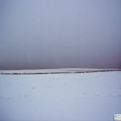 Image similar to photo of green river, wyoming cliffs covered in ice and snow, during a snowstorm. a old man in a trench coat and a cane appears as a hazy silhouette in the distance, looking back over his shoulder. cold color temperature. blue hour morning light, snow storm. hazy atmosphere. humidity haze. kodak ektachrome, greenish expired film, award winning, low contrast.