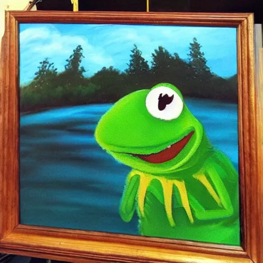 Image similar to “a bob ross style painting of kermit falling off a bridge”