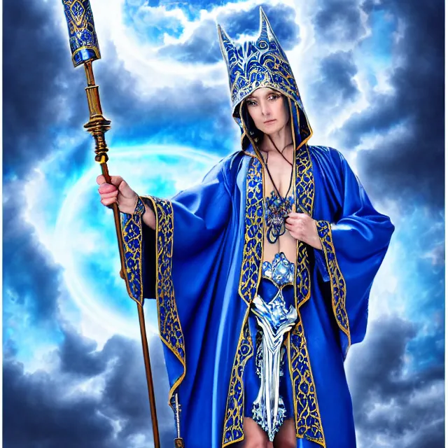 Image similar to elemental sky witch in ornate blue and white robes and staff, highly detailed, 8 k, hdr, anne stokes