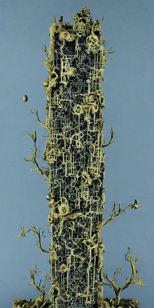 Prompt: an organic and clockwork skyscraper, white bones gilded and demonically powered by caustic fungal slime mold and desperately crawling branching blue etheral souls