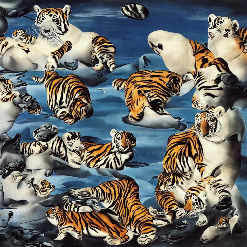 Image similar to baby harp seal and tigers, painting by salvador dali, surrealism