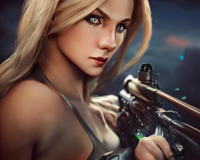 Prompt: closeup of beautiful blonde female sniper aiming at target, award winning sniper photography, extremely detailed, artstation, 8 k, sensual lighting, incredible art, wlop, artgerm, backlit, rim lighting, hi - fructose