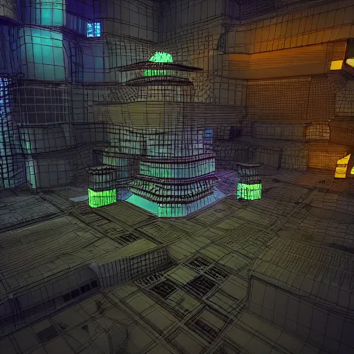 Image similar to “3D scene with high draw distance. Floorwide 3D model of a cyberpunk city placed inside of a room.”