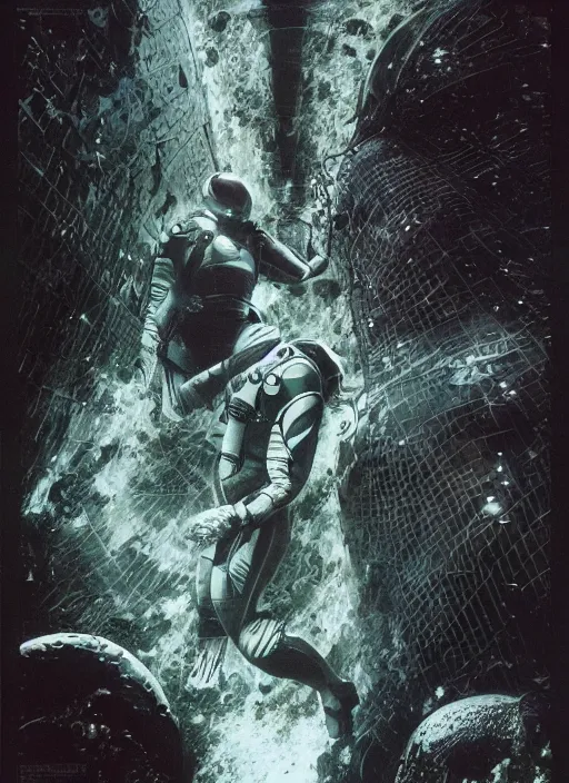 Image similar to astronauts divers in dark void underwater - complex and hyperdetailed technical suit design. reflection and dispersion materials. rays and dispersion of light. volumetric light. f / 3 2. noise film photo. flash photography. ultra realistic, 5 0 mm. poster by wayne barlowe, hajime sorayama aaron horkey, craig mullins