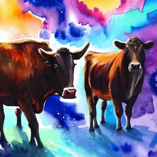 Prompt: herding cows in space. watercolor. vibrant. amazing painting. beautiful. high resolution. highly realistic. cool tones. close - up. 8 k. trending on artstation.