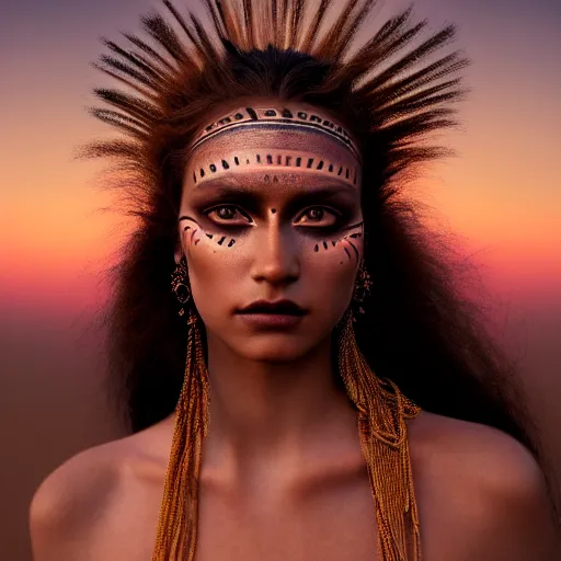 Prompt: photographic portrait of a stunningly beautiful renaissance female with tribal makeup in soft dreamy light at sunset, contemporary fashion shoot, by edward robert hughes, annie leibovitz and steve mccurry, david lazar, jimmy nelsson, breathtaking, 8 k resolution, extremely detailed, beautiful, establishing shot, artistic, hyperrealistic, beautiful face, octane render