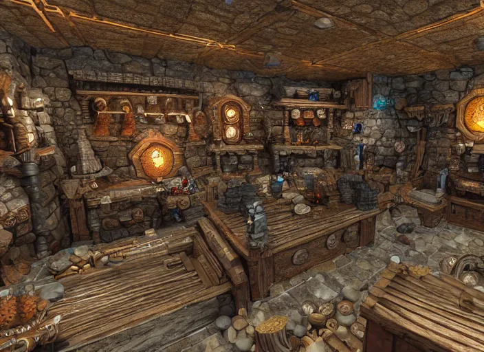 Prompt: a dwarven treasure room containing large multifaceted jewels, war hammers, and dwarven mining equipment