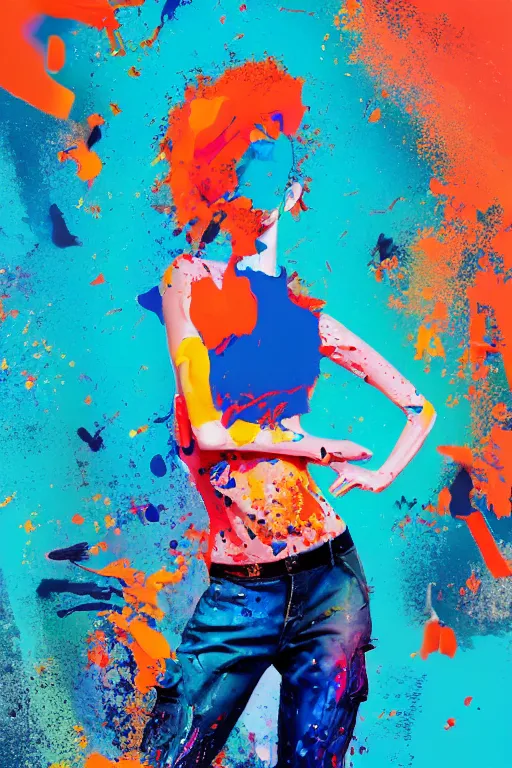 Image similar to a award winning half body portrait of a beautiful woman in a croptop and cargo pants with ombre orange blue teal hairstyle with head in motion and hair flying, paint splashes, splatter, outrun, vaporware, shaded flat illustration, digital art, trending on artstation, highly detailed, fine detail, intricate