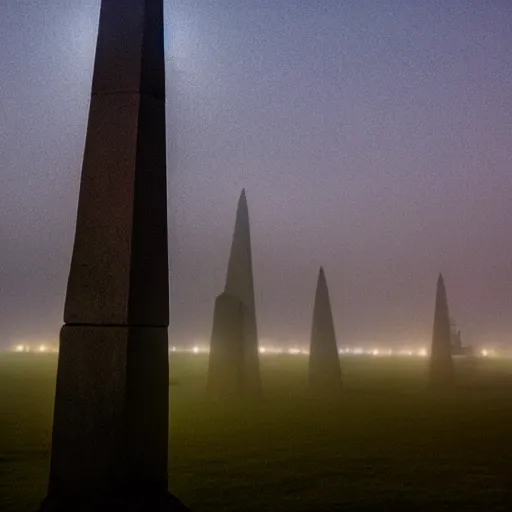 Image similar to magical glowing obelisk standing on a plain in the moonshine at night. foggy. eerie.