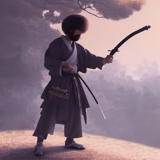 Image similar to an ultra detailed matte painting of bob ross smoking a pipe and dressed as a wandering samurai, edo japan, concept art by jeong seon and greg rutkowski, octane render, 8 k, detailed face