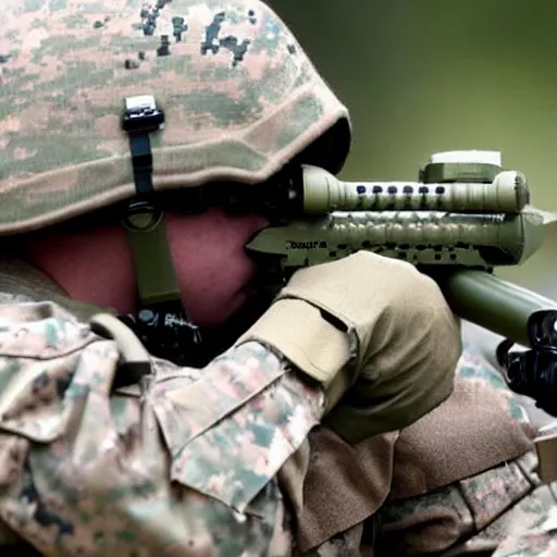 Prompt: a rare military frog equipped with rocket launcher and night vision target acquisition system, photo from us marines training exercise