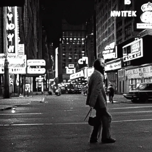 Prompt: A 1970s film still of William Shakespeare walking through the streets of New York, filled with flashing neon signs and commuters