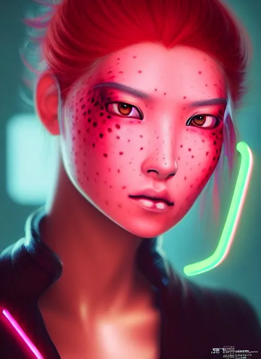 Image similar to photorealistic portrait of oriental female humanoid with freckle cheeks, dyed hair, cyber neon lightings, highly detailed, cyberpunk high fashion, elegant, crispy quality, trending in artstation, trending in pinterest, glamor pose, no signature, no watermark, cinematic, octane render, art by artgerm, art by greg rutkowski, art by pascal blanche