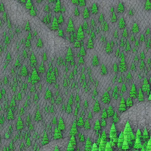 Image similar to simulated 3D grid mesh of a landscape map of a mountain forest region, rendered in high detail, 8K UHD