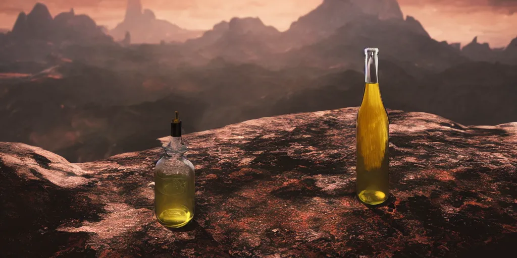 Image similar to a photographic picture of a bottle on top of a mountain, photographic filter, unreal engine 5, realistic, hyperdetailed, 8 k, cinematic, volumetric lighting, very realistic effect, hd, hdr, 4 k, sharp focus, octane render, ultra detailed, high resolution, trending on artstation in the style of albert dros glowing rich colors powerful imagery