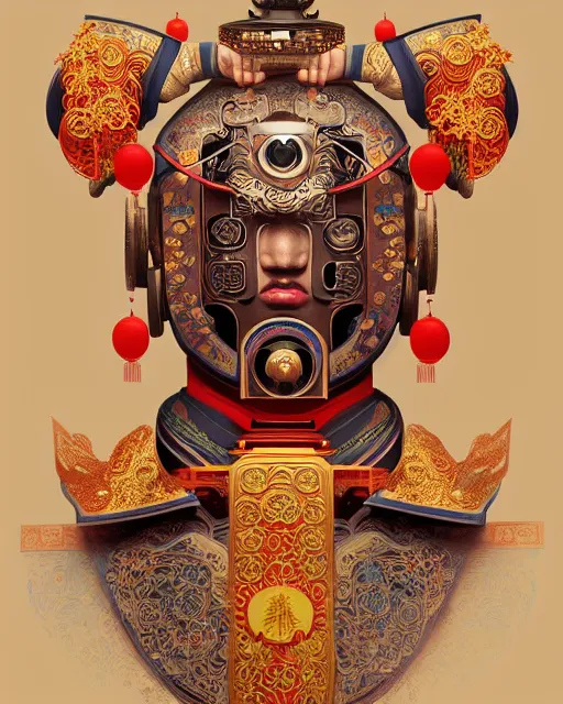 Image similar to symmetry!! portrait of a chinese opera robot, machine face, decorated with pharoanic motifs, intricate, elegant, highly detailed, digital painting, artstation, concept art, smooth, sharp focus, illustration, art by artgerm and greg rutkowski and alphonse mucha, 8 k