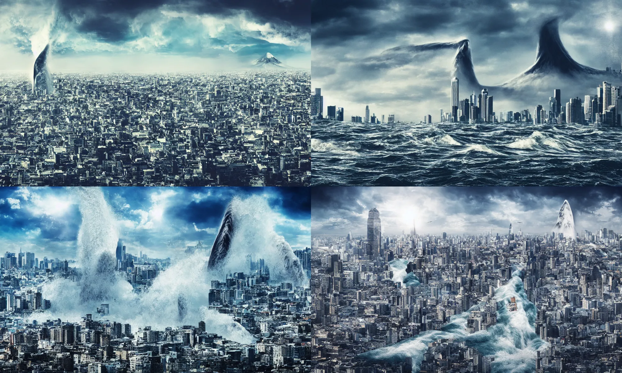 Prompt: giant tsunami wave hitting the big skyscraper, apocalypse, flooded urban skyline, the end, beautiful weather, sunny, tropical climate, highly detailed, photorealistic, sharp focus, high speed photography, detailed