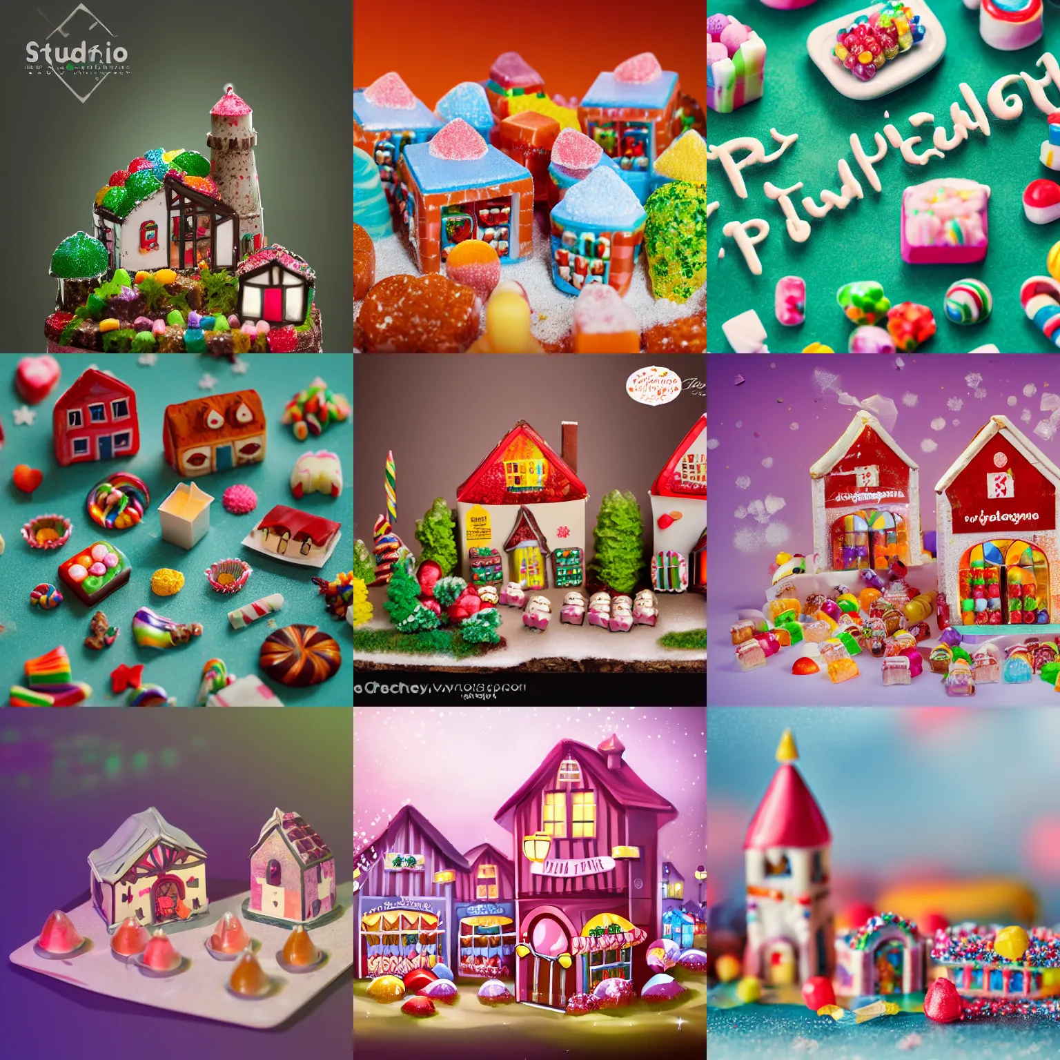 Prompt: professional studio photo of tiny village made sweets and candys and turkish delight, artstation, ultra High resolution, bokeh effect, light studio photo