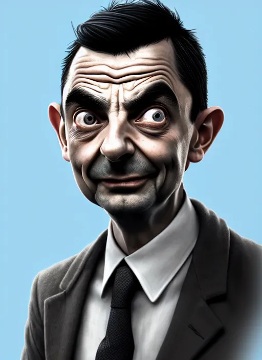 Image similar to highly detailed pencil sketch caricature portrait of mr bean gangster by ross tran, by greg rutkowski, brush strokes, 4 k resolution, light blue pastel background