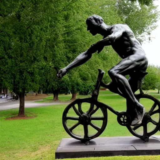 Prompt: rodin sculpture of a man ridding a bicycle