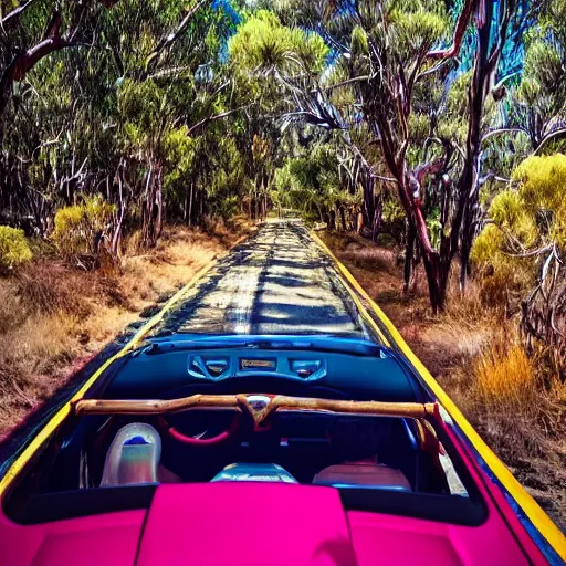 Image similar to driving a car in the australian bush outback psychedelic