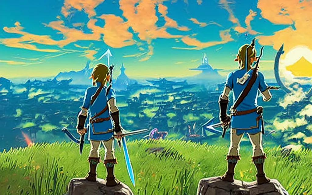 Prompt: photograph of Link from behind, from the game Breath of the Wild, with the master sword hanging across his back, watching the sunset, highly detailed