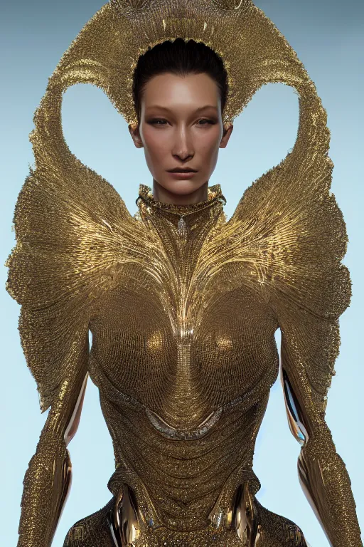 Image similar to a highly detailed metahuman 4 k render photo of an alien goddess bella hadid in iris van herpen dress schiaparelli in diamonds swarovski and jewelry in style of alphonse mucha gustav klimt trending on artstation made in unreal engine 4