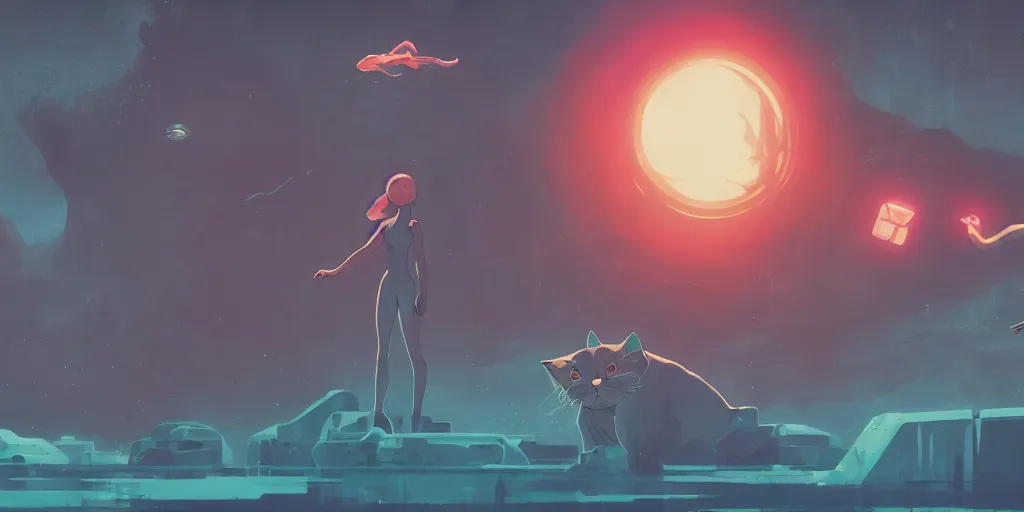 Prompt: sci - fi, matte gouache illustration, gigantic cat speaking to floating women in the air, underwater, cubes of ice around, a lot of tears, people crying, ominous, style by moebius and satoshi kon, matte colors, full - shot, 8 k