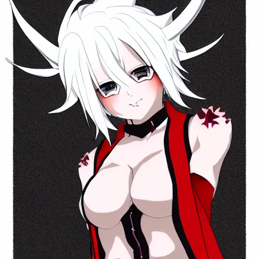 Image similar to white haired devil girl with horns, anime style, red eyes, cute