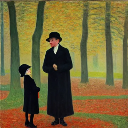 Prompt: a thin man in a black coat and bowler hat talks with small young girl who is dressed in a red coat and a red hat, park, autumn, 1923, wide angle, high detail, in style of Claude Monet, 8k, width 768