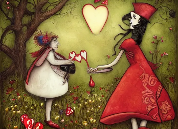 Image similar to alice joins a game of croquet with the queen of hearts, dramatic, art style megan duncanson and benjamin lacombe, super details, dark dull colors, ornate background, mysterious, eerie, sinister