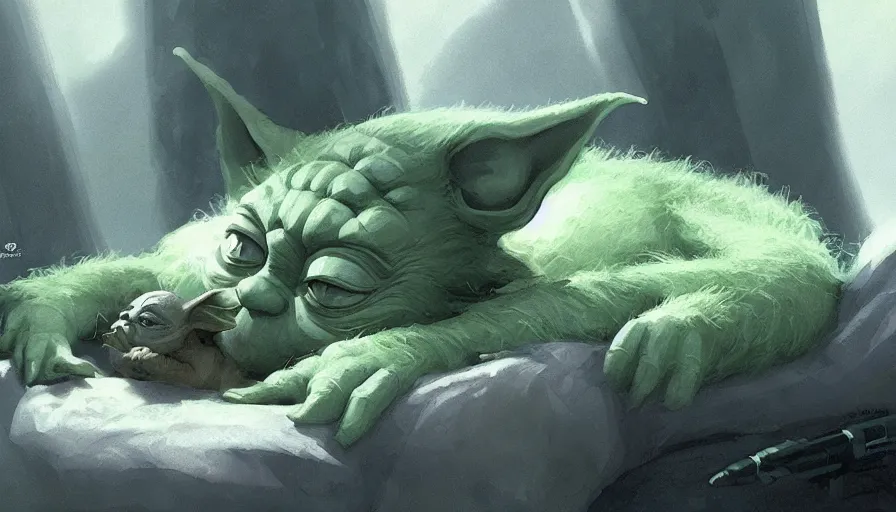 Image similar to Yoda sleeping in his bed, close-up shot, details, sharp focus, illustration, by Jordan Grimmer and greg rutkowski, Trending artstation, pixiv, digital Art