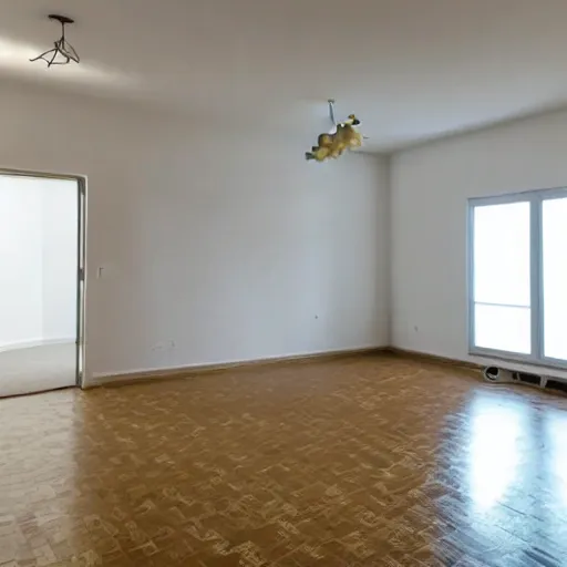 Prompt: empty apartment room with an inflatable dragon in the center