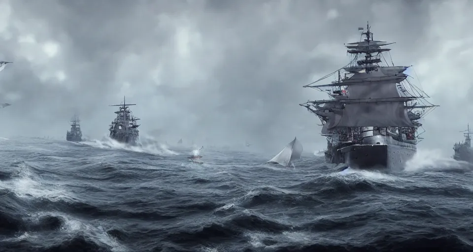Image similar to battleship as tall as a mountain with huge sails, raging sea foggy, dramatic, action scene, stormy background, shipfleet on the horizon, high detail, unreal engine, octane render, 8 k high definition, photorealistic