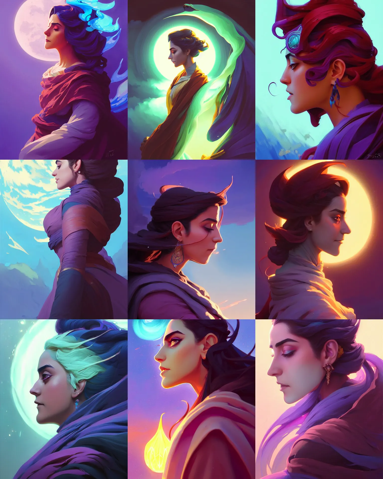 Prompt: side profile centered painted portrait, Maya Ali as a Arcane storm mage, D&D, matte painting concept art, beautifully backlit, official fanart, 4k, HDR, Trending on artstation, Behance, Art Nouveau, chromatic colours, by Jesper Ejsing and RHADS and Makoto Shinkai and Lois van baarle and ilya kuvshinov and rossdraws and Cushart Krentz and Gilleard James