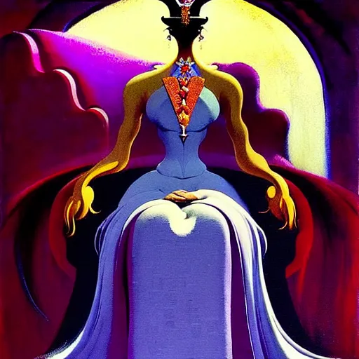 Prompt: a beautiful painting of a queen in a designer dress sitting on a throne, by bruce pennington, by eyvind earle, nicholas roerich, by frank frazetta, by georgia o keeffe, by dean cornwell, highly detailed, contest winner, eerie, ominous, tonalism, jewels, rich baghdad, oriental, desaturated, anime