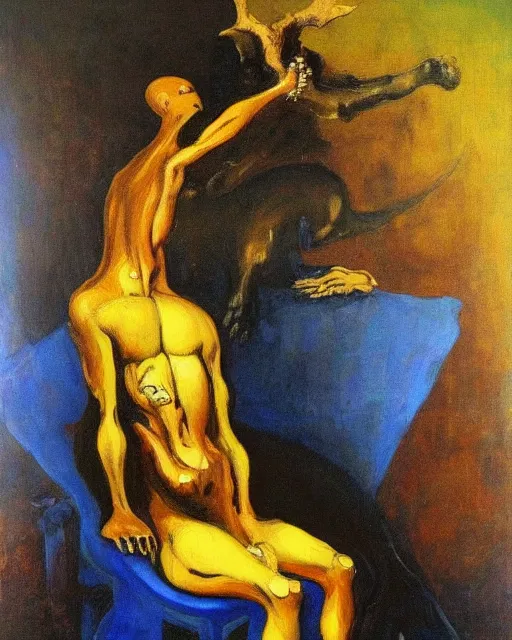 Prompt: A large cat on throne of flesh and gold next to a seated dark figure in the style of Francisco Goya and James Jean and Francis Bacon, vibrant blue background, mythological painting, oil painting, triadic color scheme, very coherent, Beksinski painting